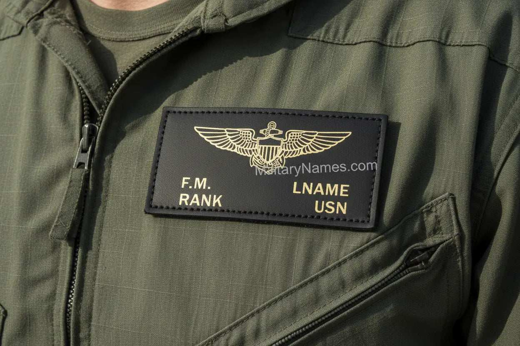 Handcrafted US Navy badge set in black leather with customizable stamped text
