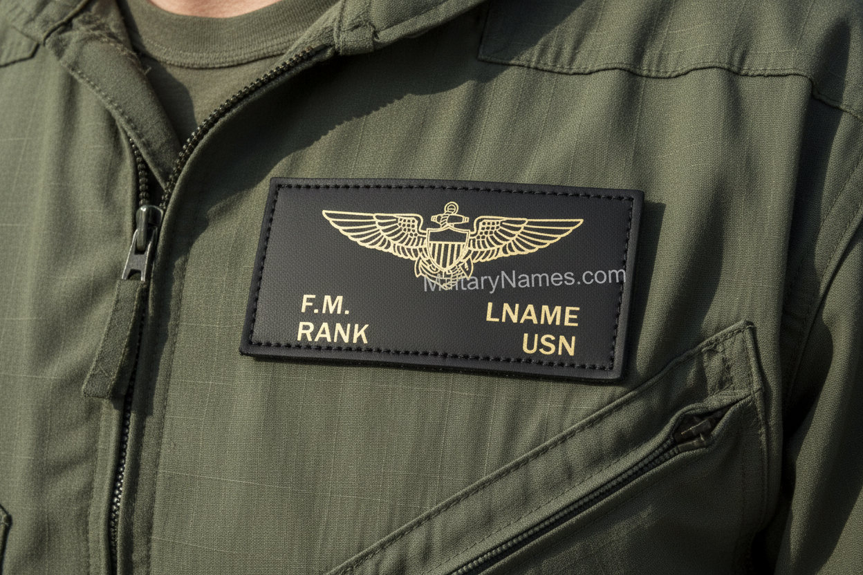 US Navy Black Leather Badge on Green Flight Suit
