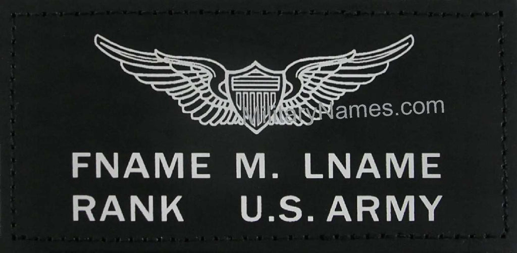 Pair of US Army black leather flight badges with custom stamped text