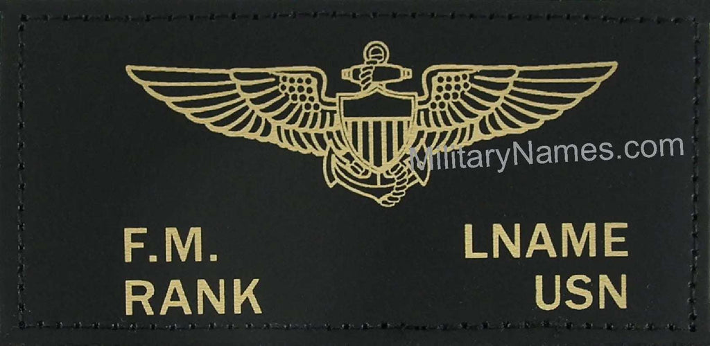 Custom black leather US Navy badges with personalized stamped text, sold in pairs