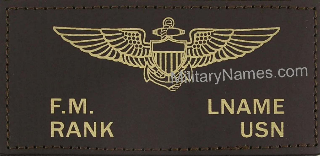 Custom handcrafted US Navy brown leather badge pair with personalized text and durable finish