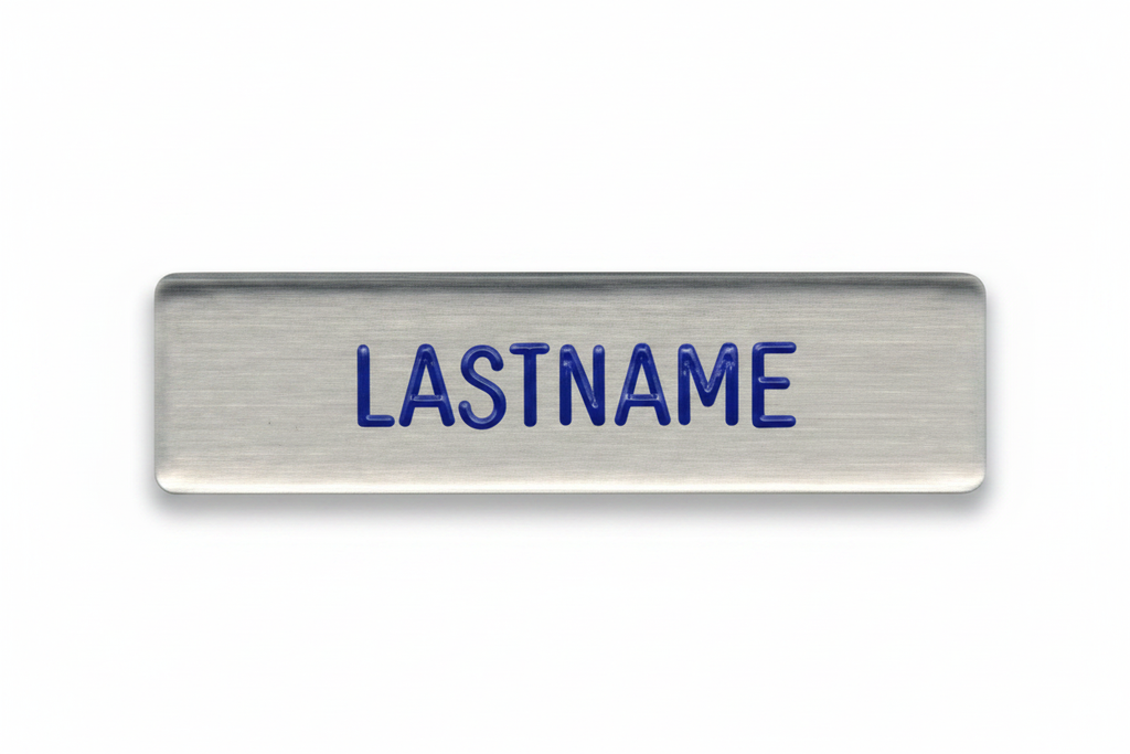 Air Force uniform name plate brushed steel with blue engraved text for service dress
