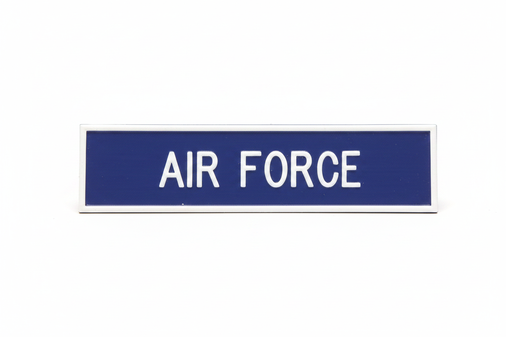 Air Force plastic name plate engraved with beveled edges on uniform background